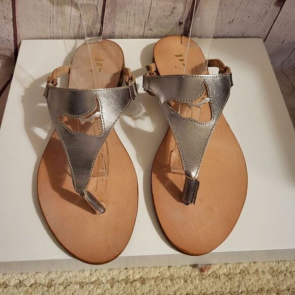 NEW Nantucket Soles Pewter Leather "Map Cut-out" Thong Slide Sandals 7m/37 $140N - Picture 3 of 11